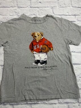 Ralph Lauren Polo Bear Graphic Tee - Gray with Red Accent. Boys Size 14/16 Large